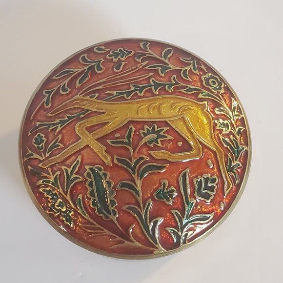 Vintage Enamel  Jewelry Trinket Box Round Brass Top Cloisonne Deer Design - Picture 1 of 10